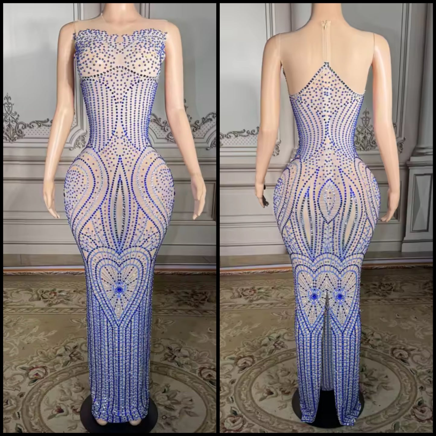 Sexy Sleeveless See Through Blue Rhinestone Embellishment Dress