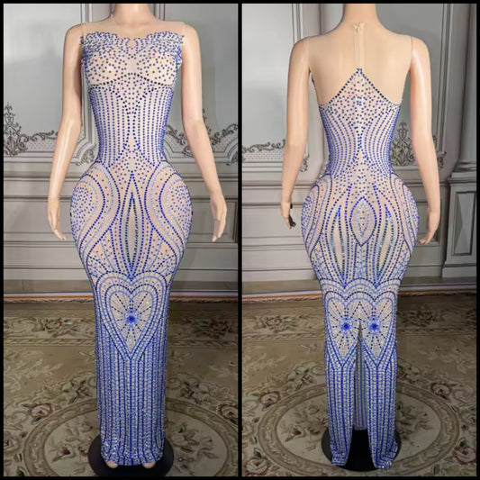 Sexy Sleeveless See Through Blue Rhinestone Embellishment Dress