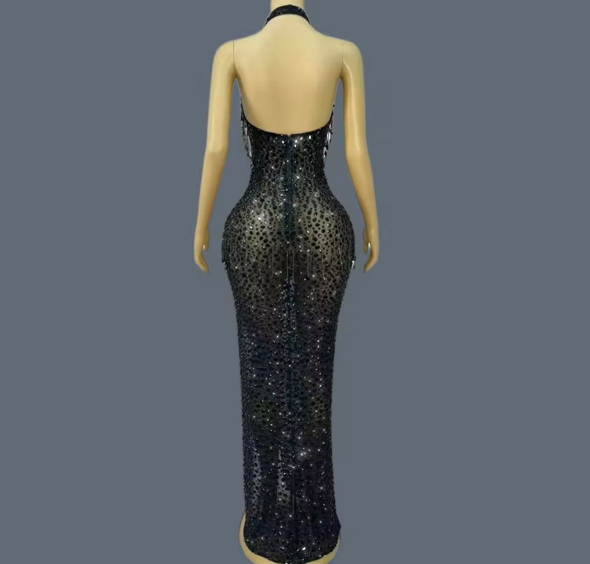 Sexy Sleeveless Rhinestone Tassel Side Split Maxi Dress
