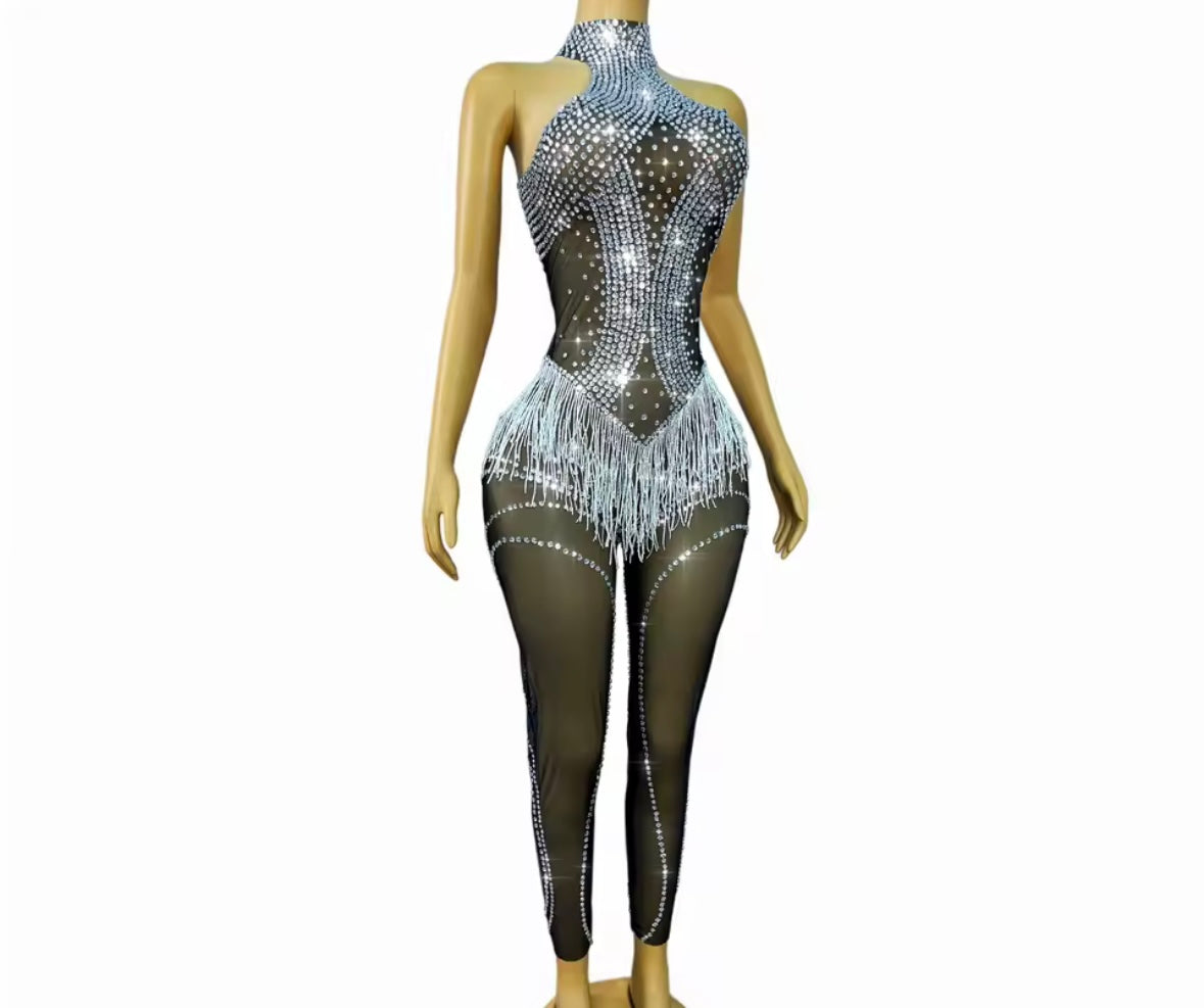 Sexy Black Sleeveless Rhinestone Fringe Tassel Jumpsuit