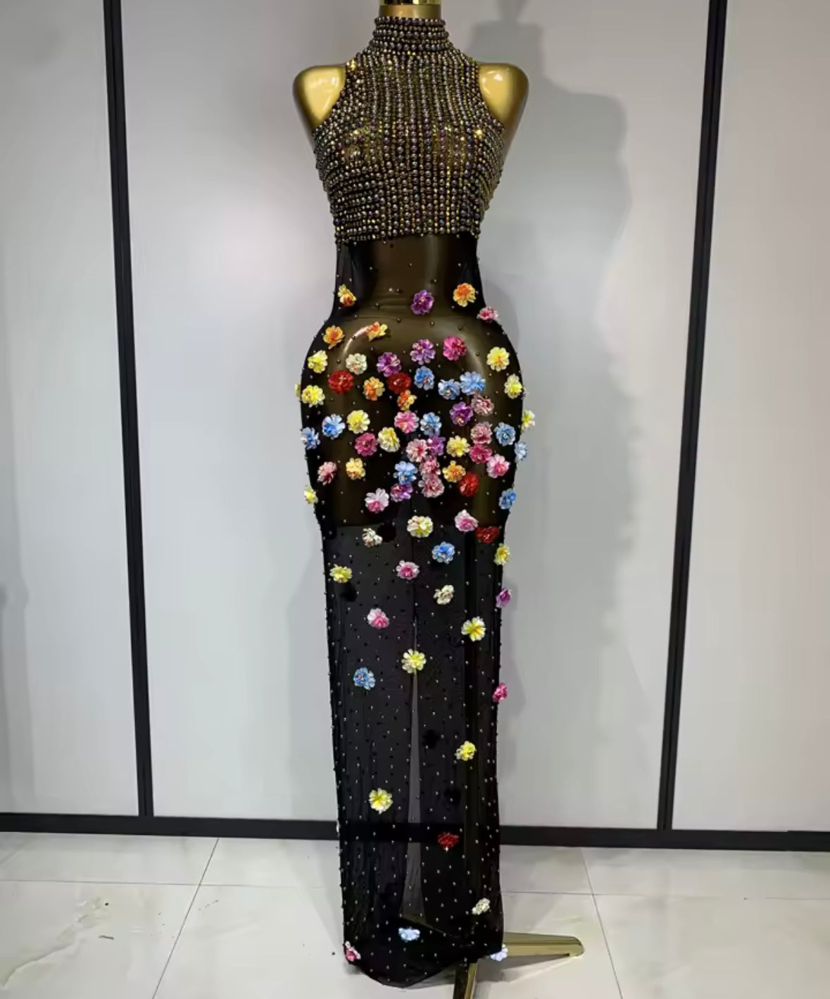 Sleeveless Black Rhinestone Floral Embellishment Maxi Dress