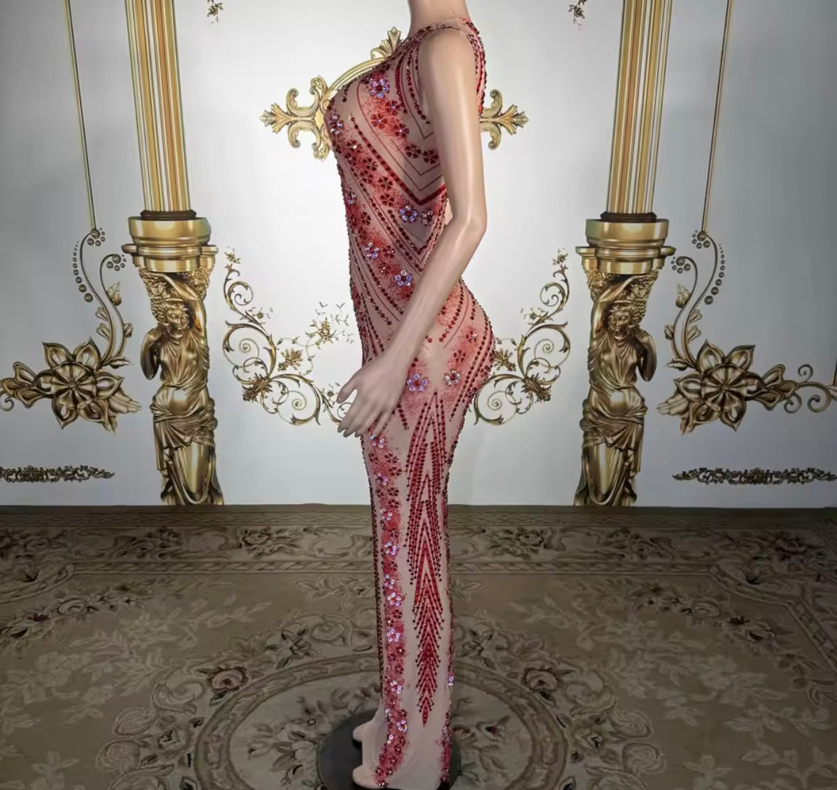 Sexy Sleeveless Floral Rhinestone Embellishment Maxi Dress