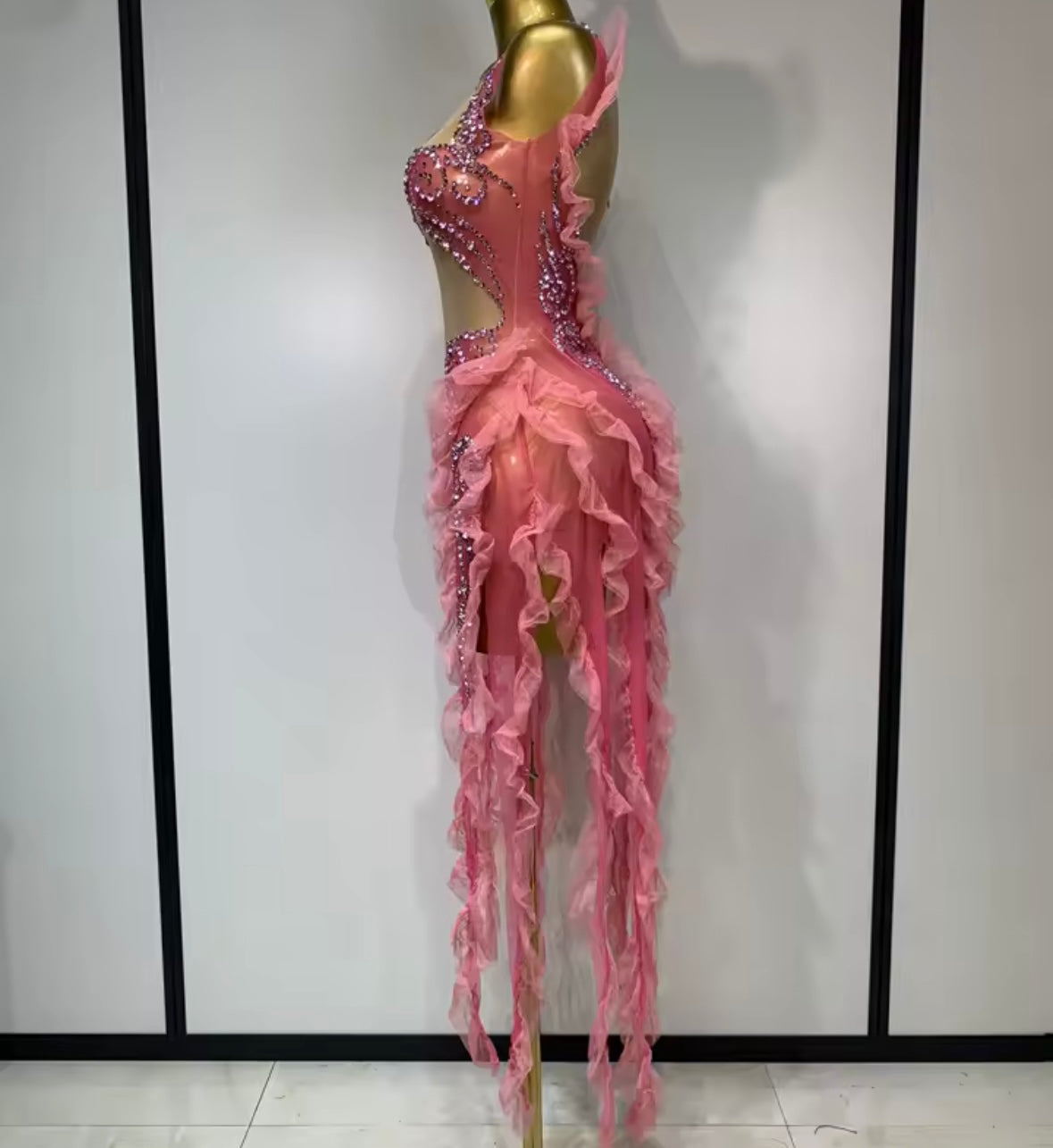 Sexy Pink Sleeveless Rhinestone Tassel Dress