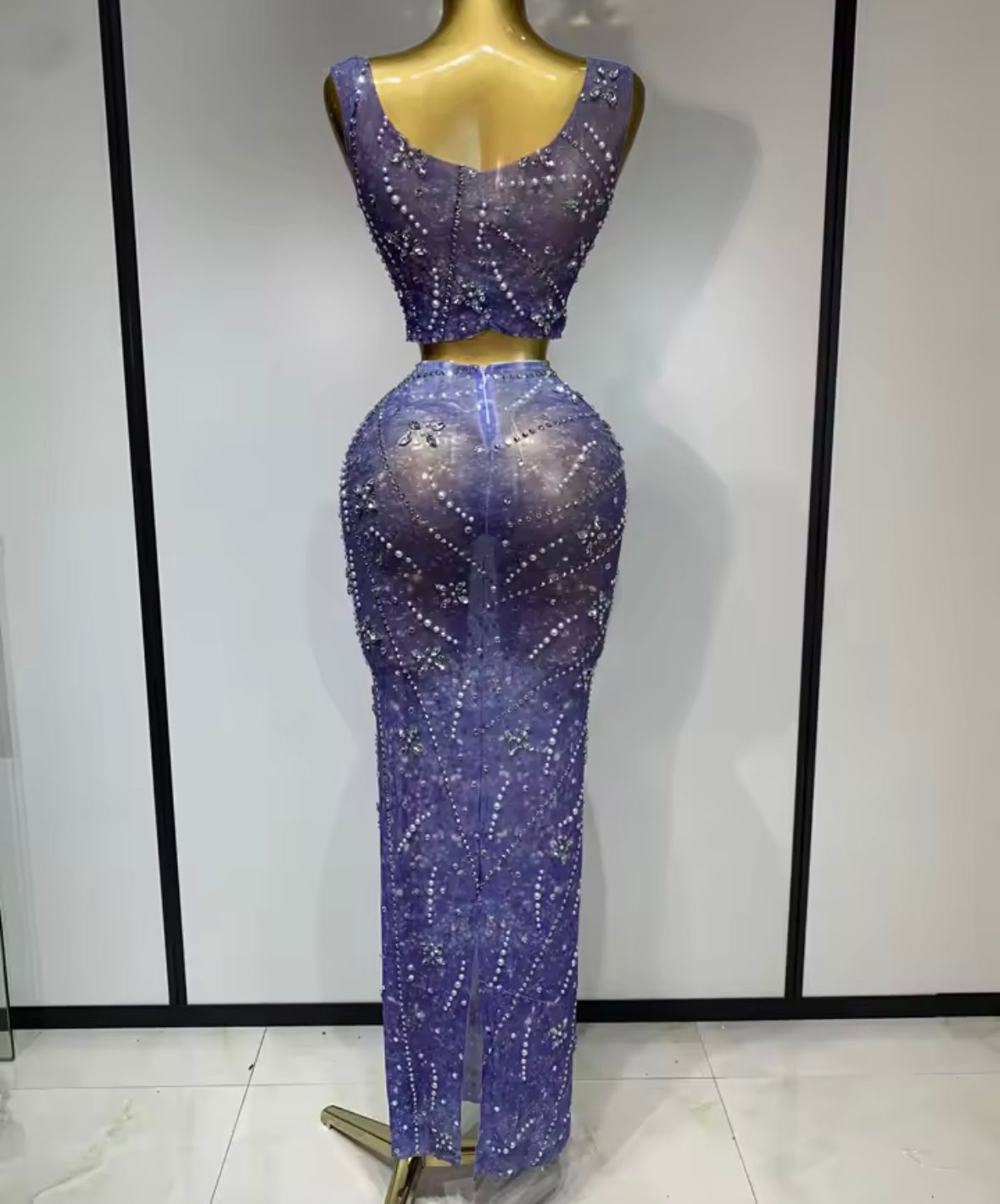 Sexy Sleeveless Rhinestone Beaded Two Piece Maxi Skirt Set