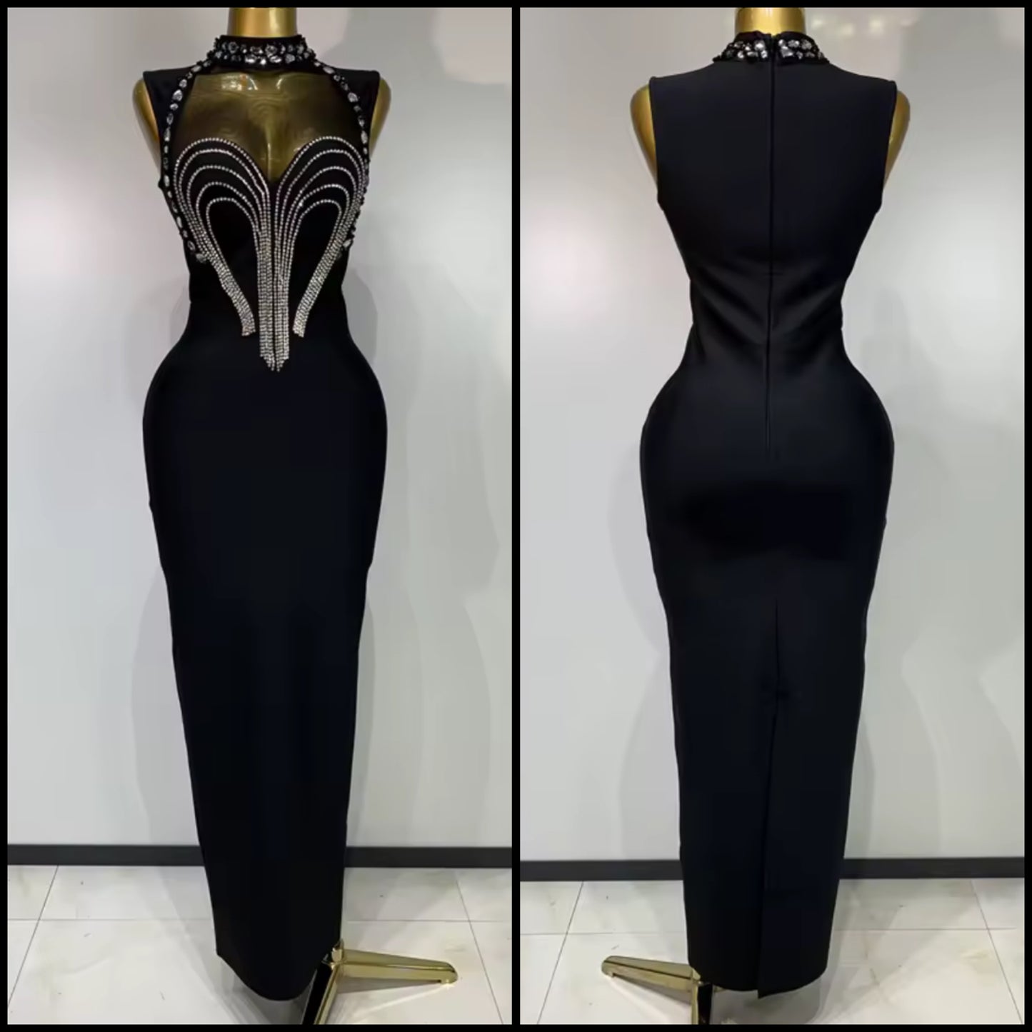 Sexy Black Rhinestone Sleeveless Maxi Dress