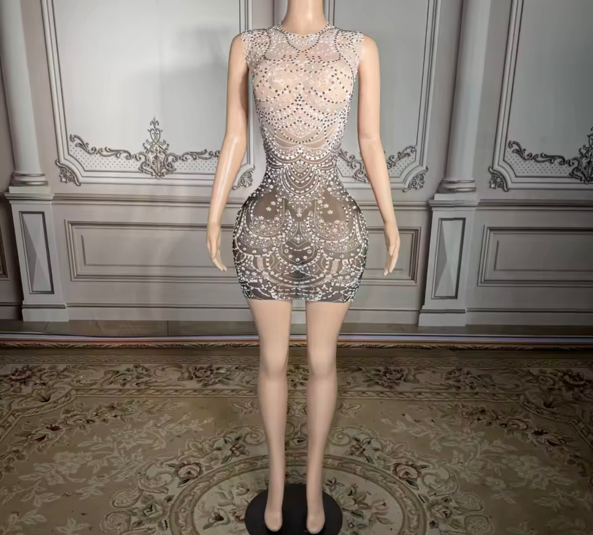 Sexy Sleeveless Gradient See Through Rhinestone Dress