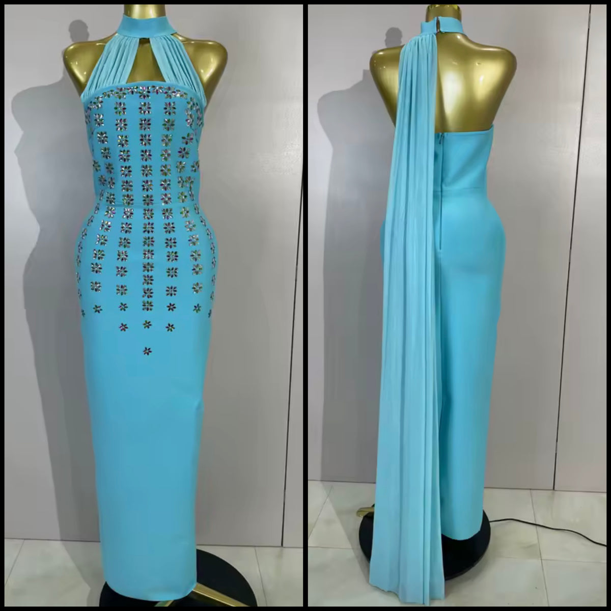 Blue Halter Scarf Sleeves Floral Rhinestone Embellishment Maxi Dress