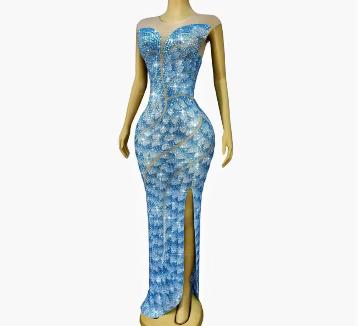 Blue Printed Rhinestone Sexy Side Split Maxi Dress