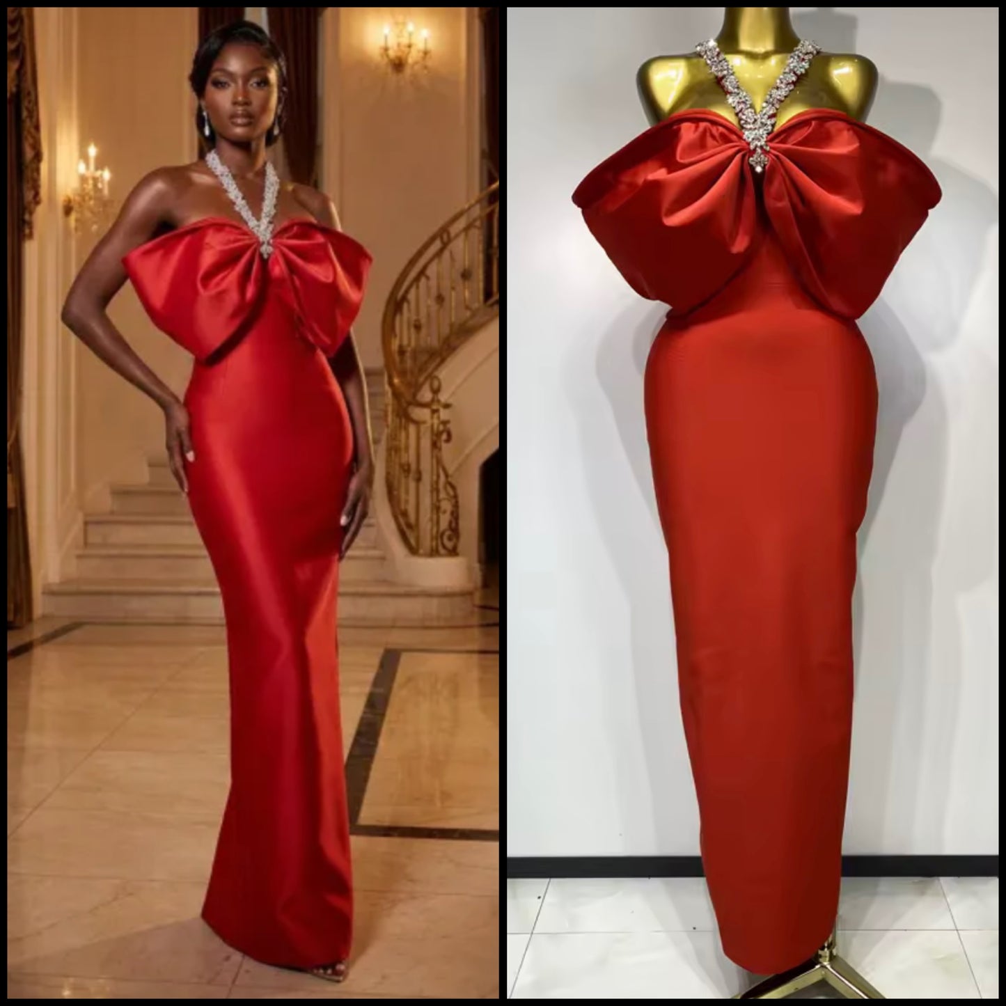 Elegant Rhinestone Halter Bow Floor-Length Dress