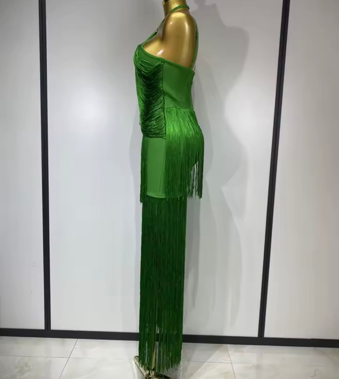 Green Halter Elegant Fringe Tassel Maxi Dress