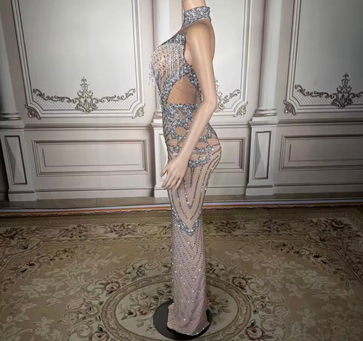 Sexy Sleeveless Rhinestone Tassel See Through Maxi Dress