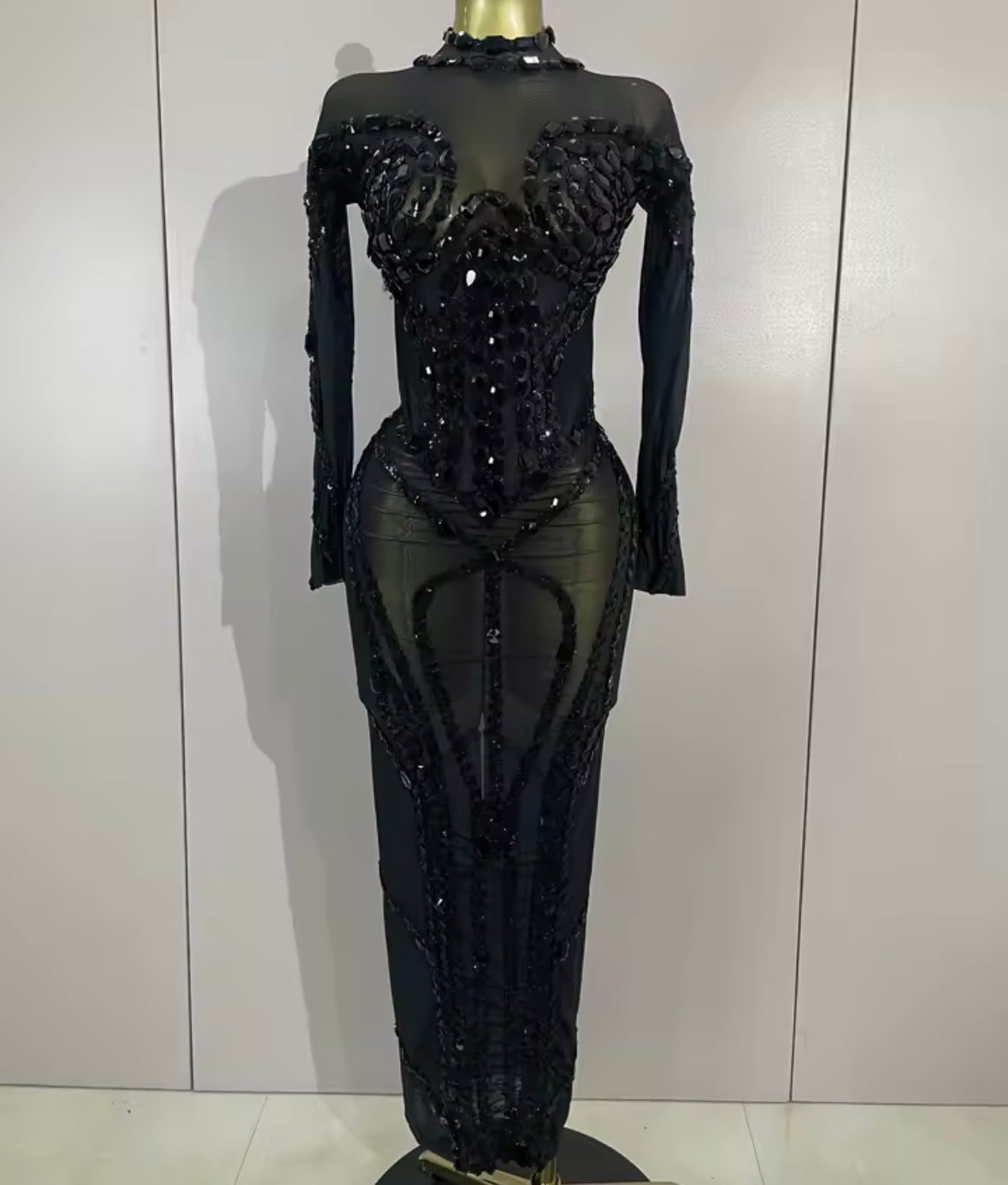 Sexy Beaded Crystal Full Sleeve Floor-Length Dress