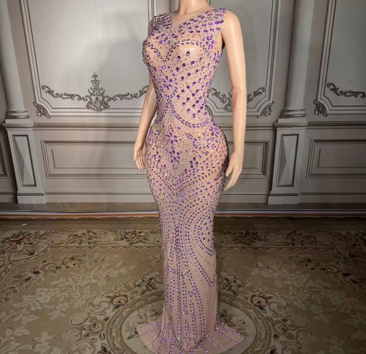 Sexy Sleeveless See Through Purple Rhinestone Maxi Dress