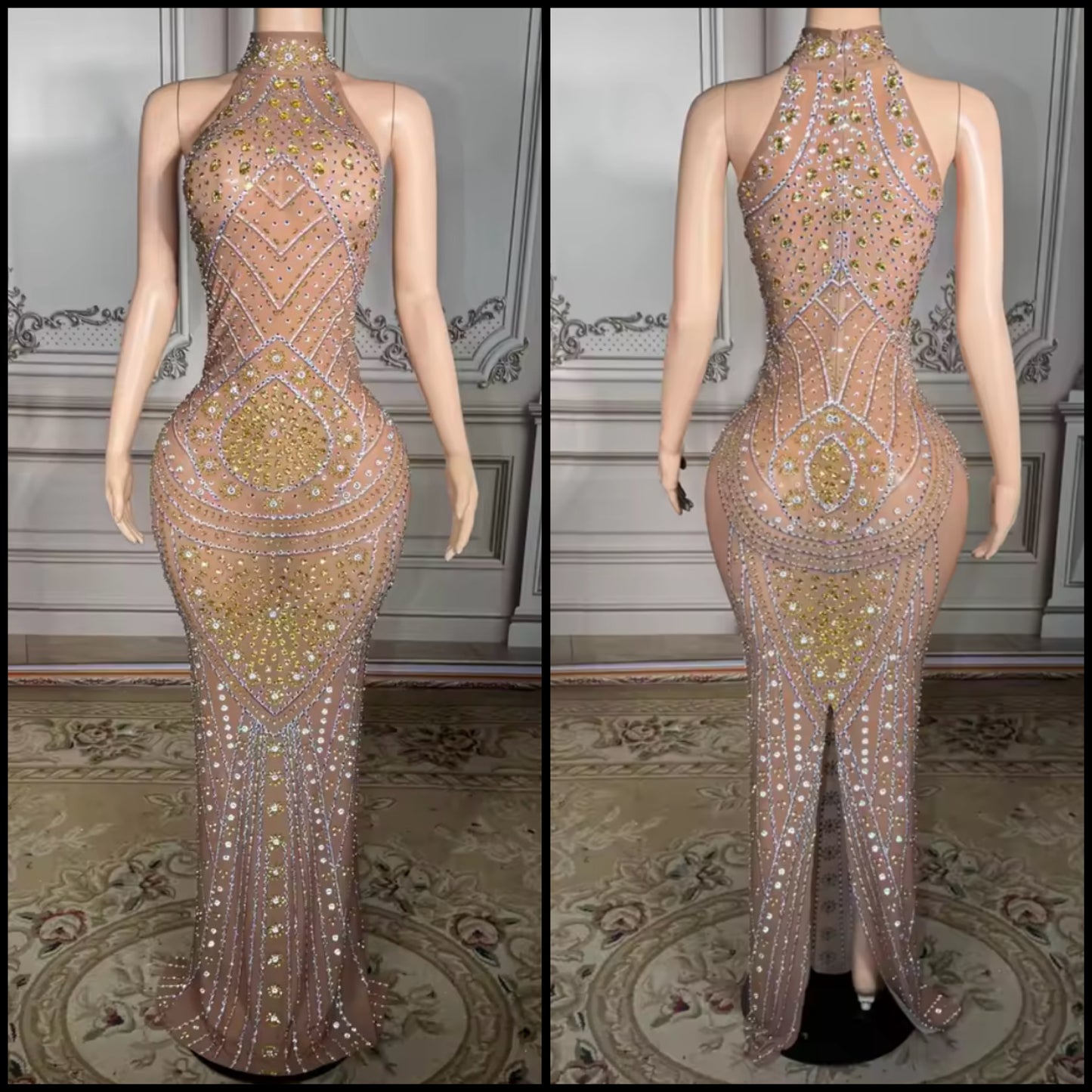 Rhinestone Embellishment Sexy Sleeveless Back Split Maxi Dress