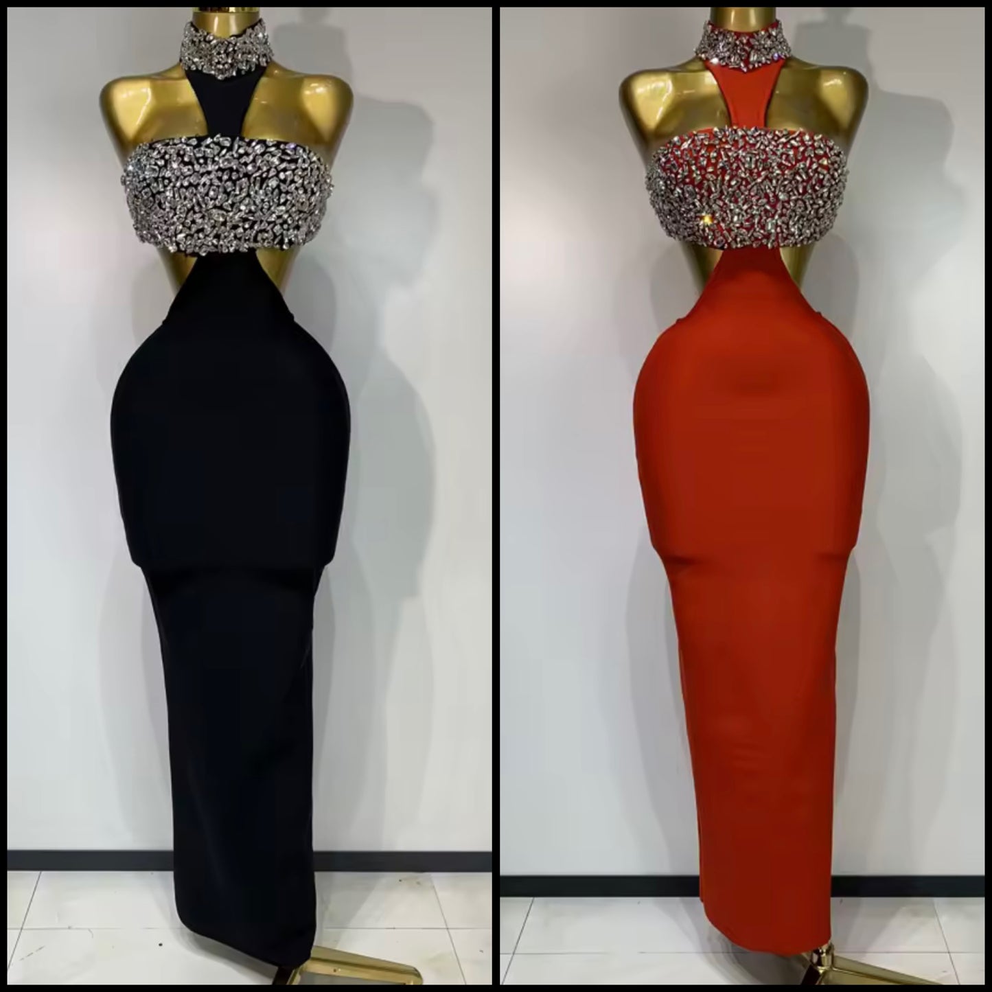 Elegant Halter Sleeveless Rhinestone Hollow Out Maxi Dress
