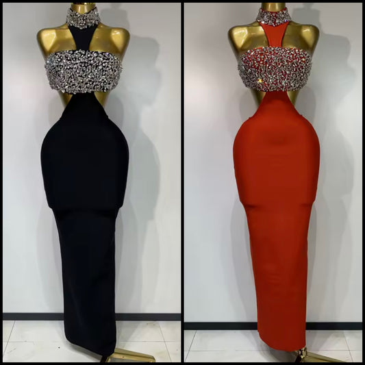 Elegant Halter Sleeveless Rhinestone Hollow Out Maxi Dress