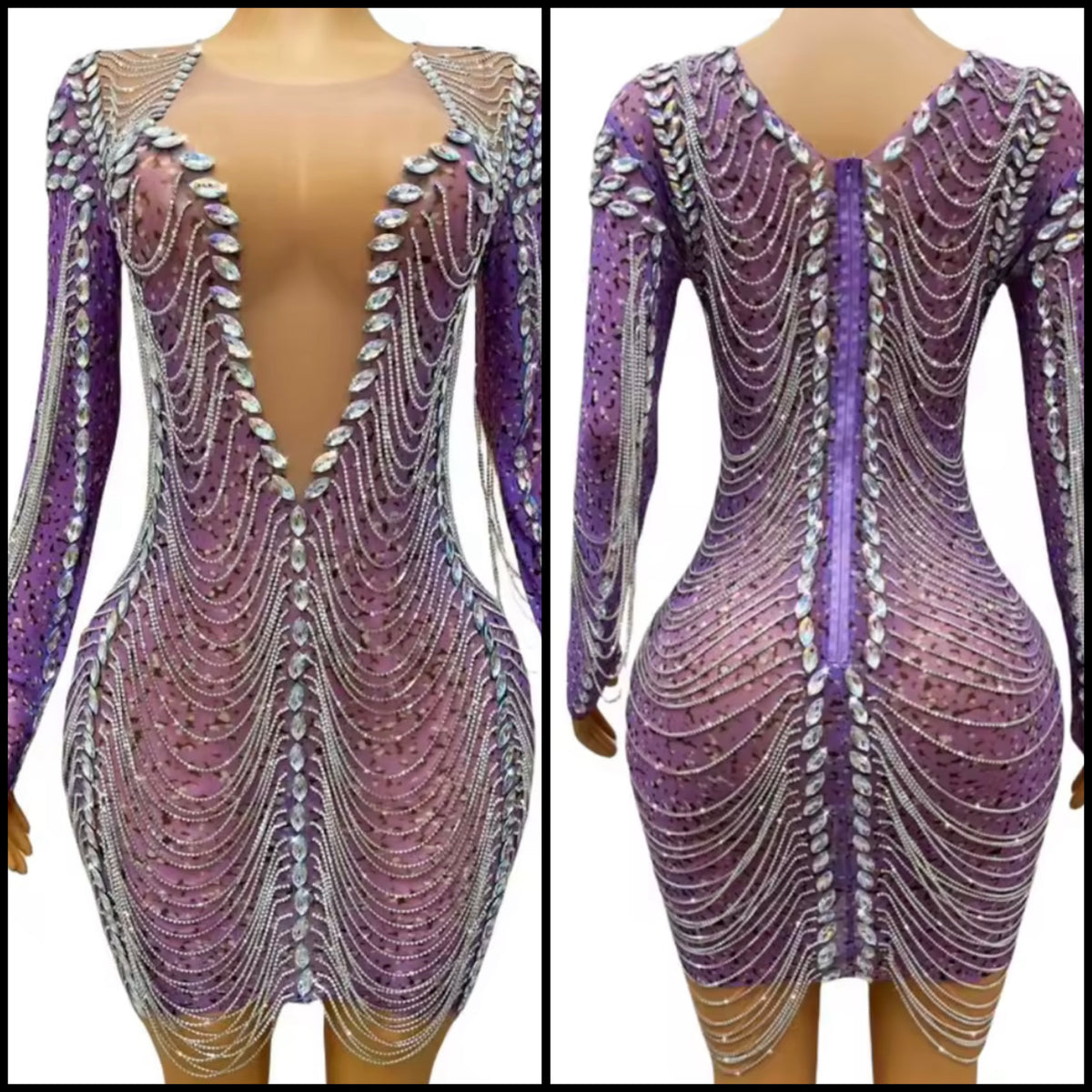 Sexy Purple Rhinestone Chain Full Sleeve Short Dress