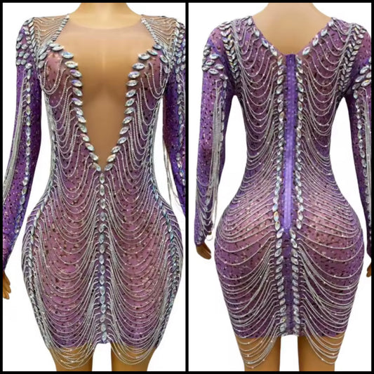 Sexy Purple Rhinestone Chain Full Sleeve Short Dress