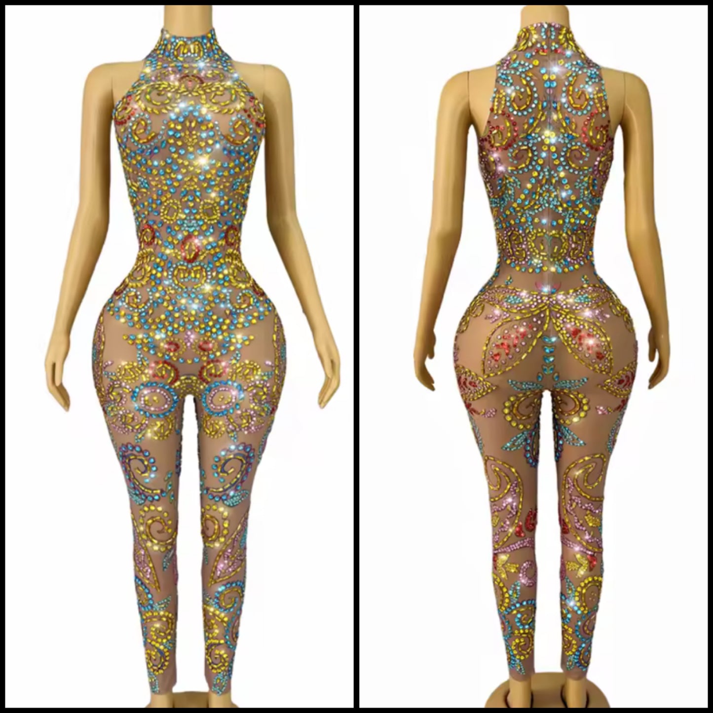 Sexy Sleeveless Colorful Rhinestone See Through Jumpsuit