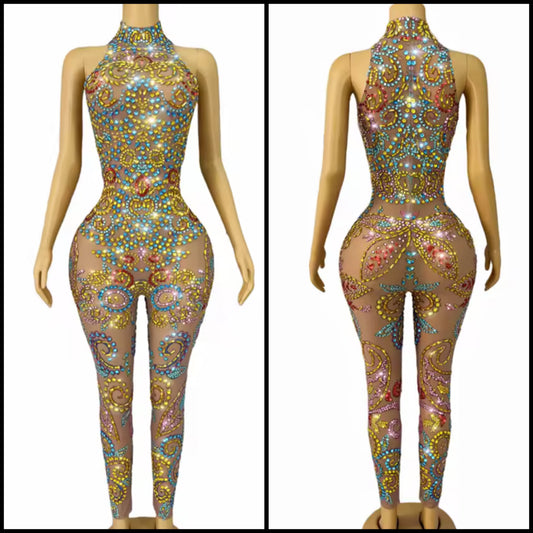 Sexy Sleeveless Colorful Rhinestone See Through Jumpsuit