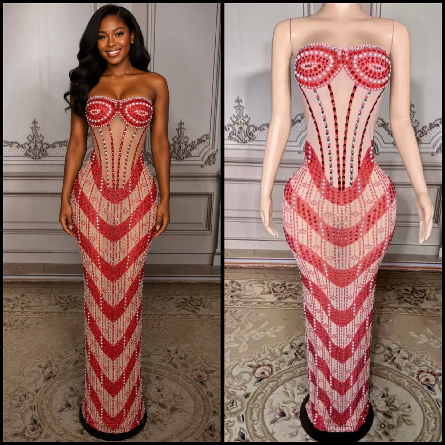 Sexy Strapless See Through Rhinestone Maxi Dress