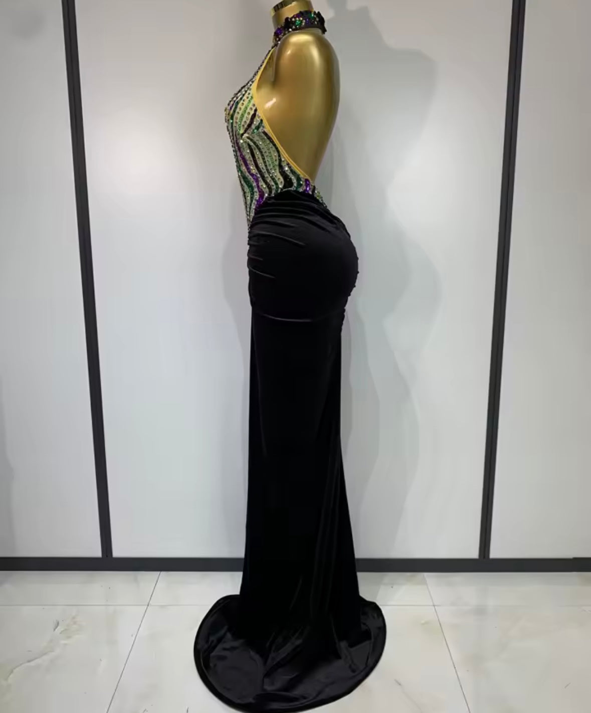 Sexy Halter Sleeveless Colorful Rhinestone Floor-Length Dress