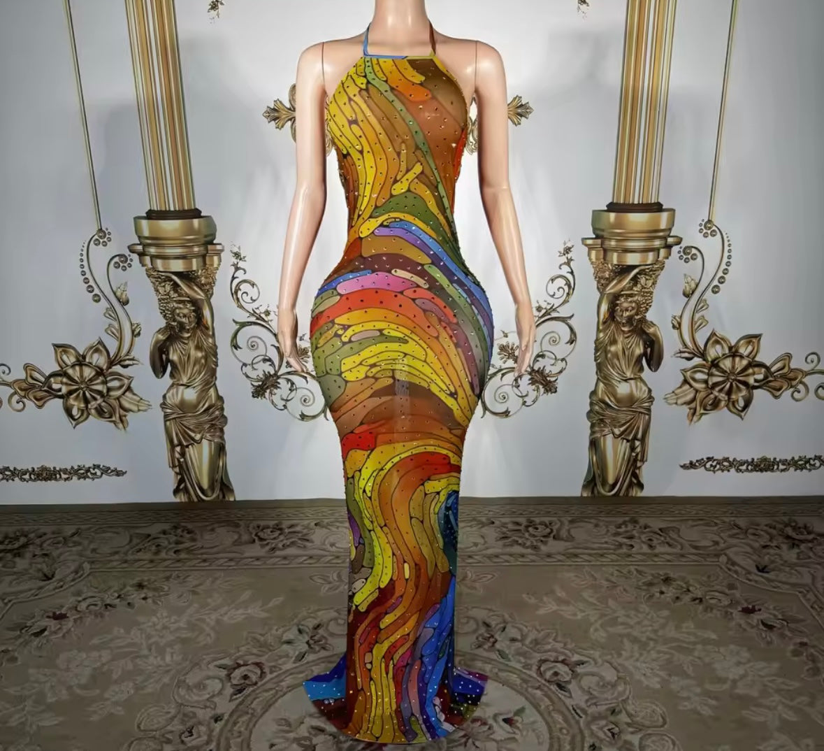 Sexy Halter Sleeveless Multicolor Print Rhinestone Maxi Dress