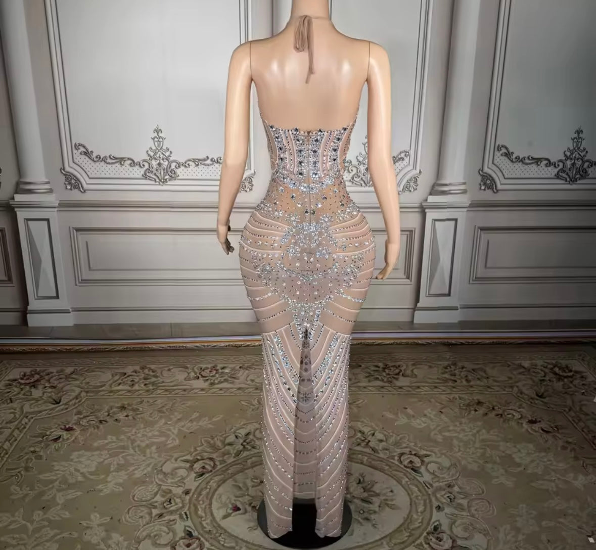Sexy Halter Sleeveless Rhinestone Embellishment Maxi Dress