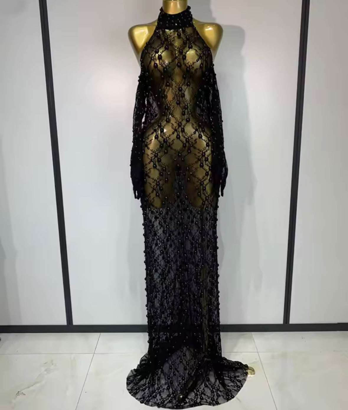 Sexy Black Halter Sleeveless See Through Beaded Maxi Dress