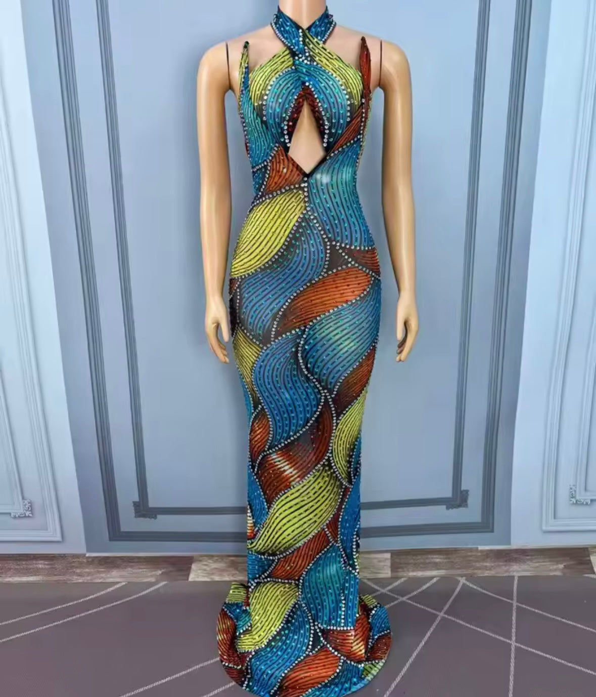 Sexy Multicolored Halter Sleeveless Rhinestone Maxi Dress