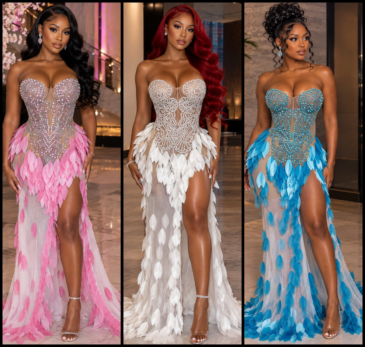Sexy Sequins Pearl Rhinestone Strapless Side Split Maxi Dress