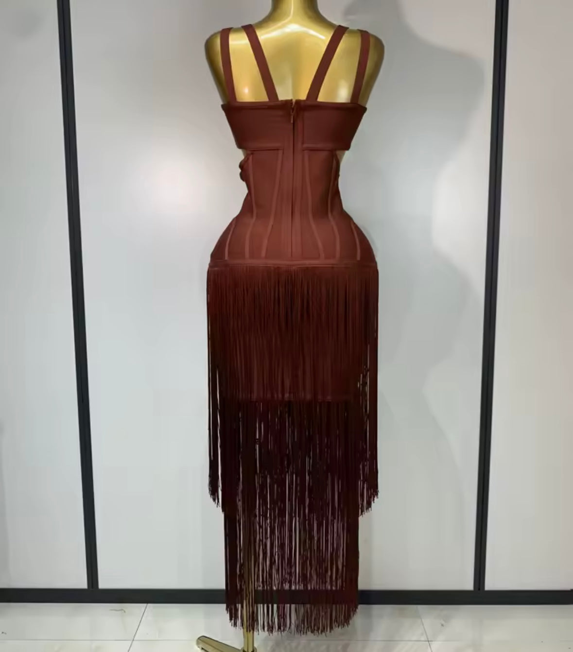 Maroon Sleeveless Sexy Tassel Bandage Long Dress
