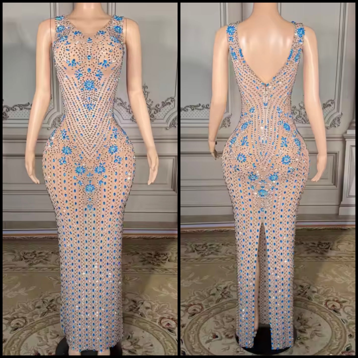 Sexy Sleeveless Blue Rhinestone Embellishment Maxi Dress