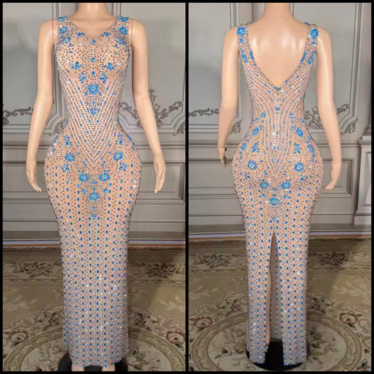Sexy Sleeveless Blue Rhinestone Embellishment Maxi Dress