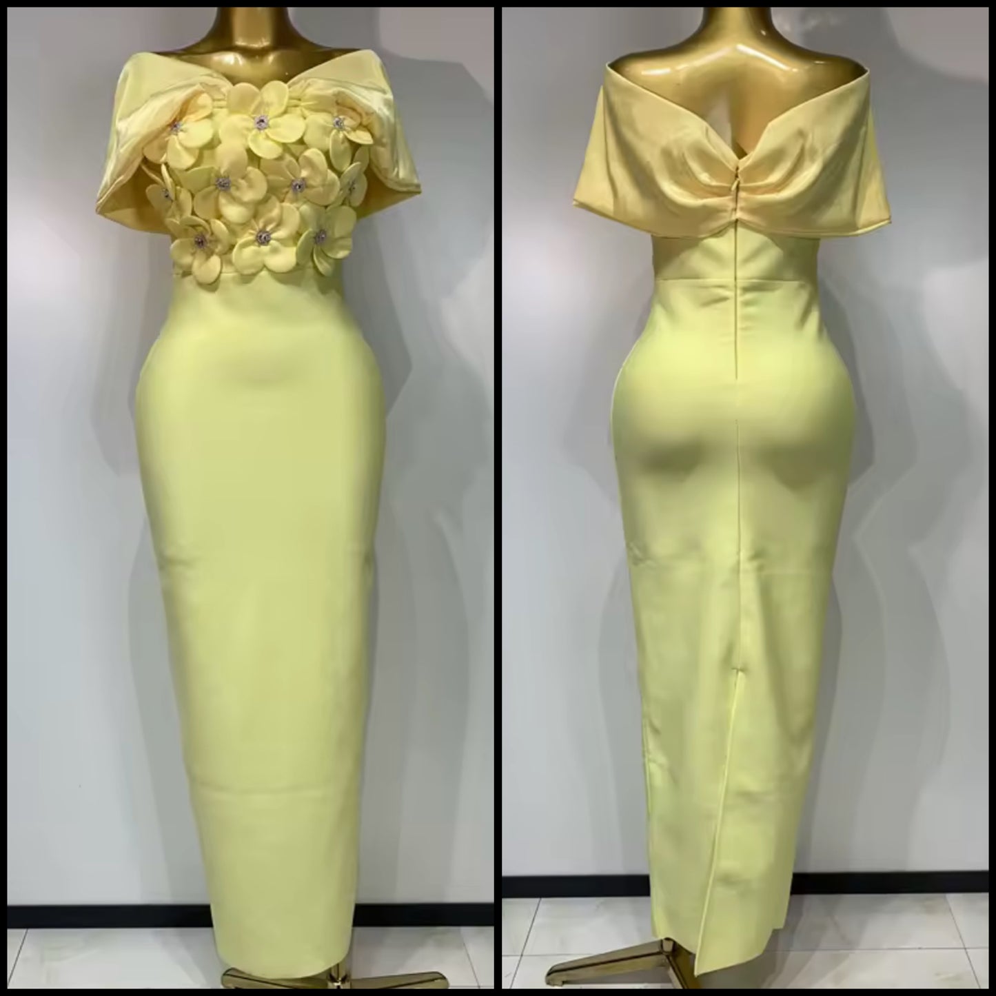 Yellow Sexy Off The Shoulder Floral Rhinestone Maxi Dress