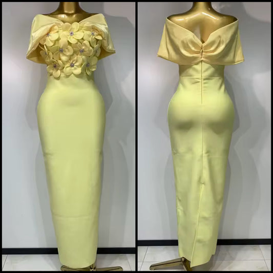 Yellow Sexy Off The Shoulder Floral Rhinestone Maxi Dress