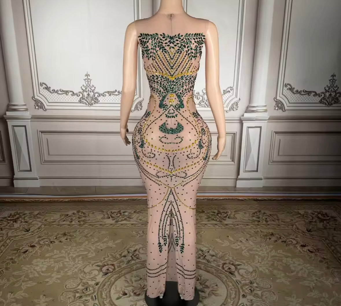 Sexy Sleeveless See Through Rhinestone Maxi Dress