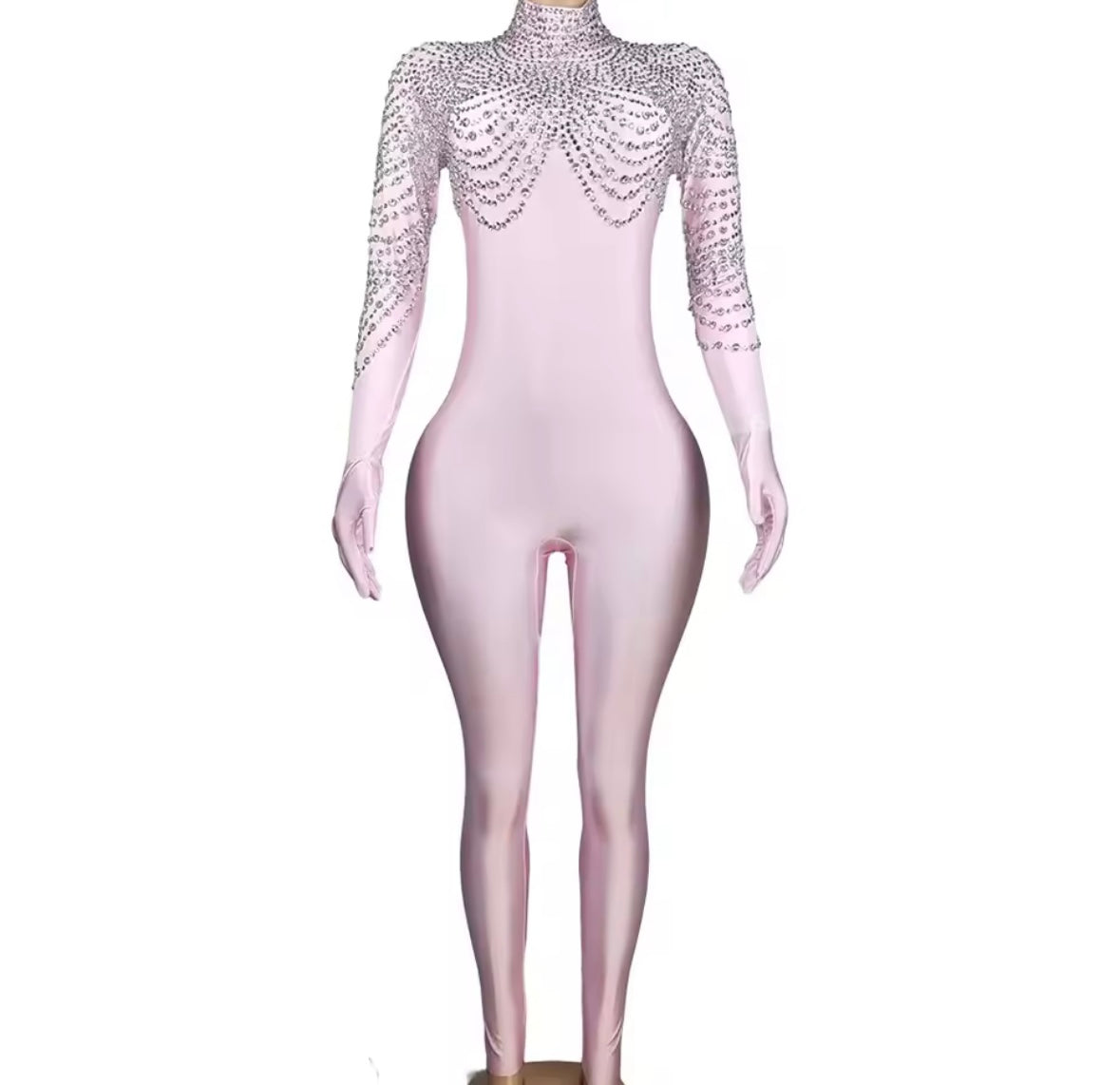 Elegant Pink Rhinestone Glove Jumpsuit