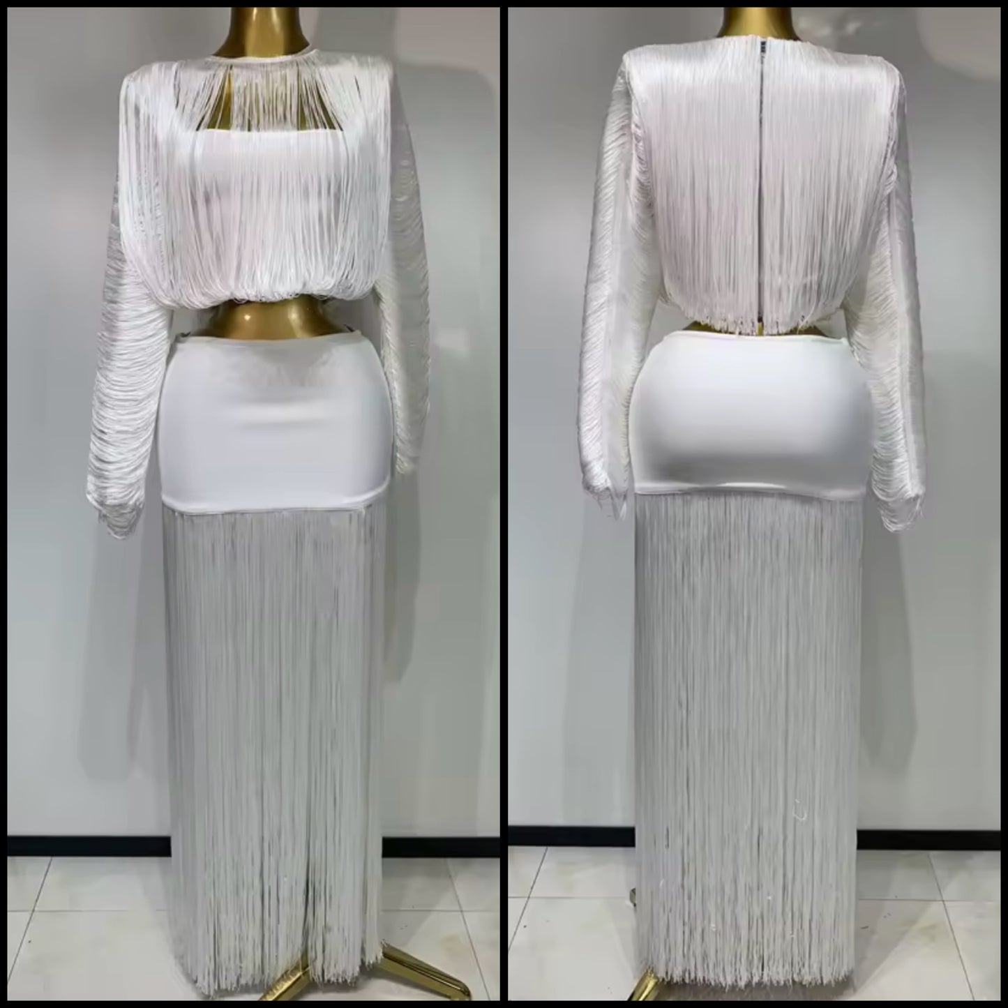 White Sexy Fringe Tassel Full Sleeve Maxi Skirt Set