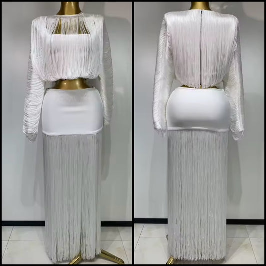 White Sexy Fringe Tassel Full Sleeve Maxi Skirt Set