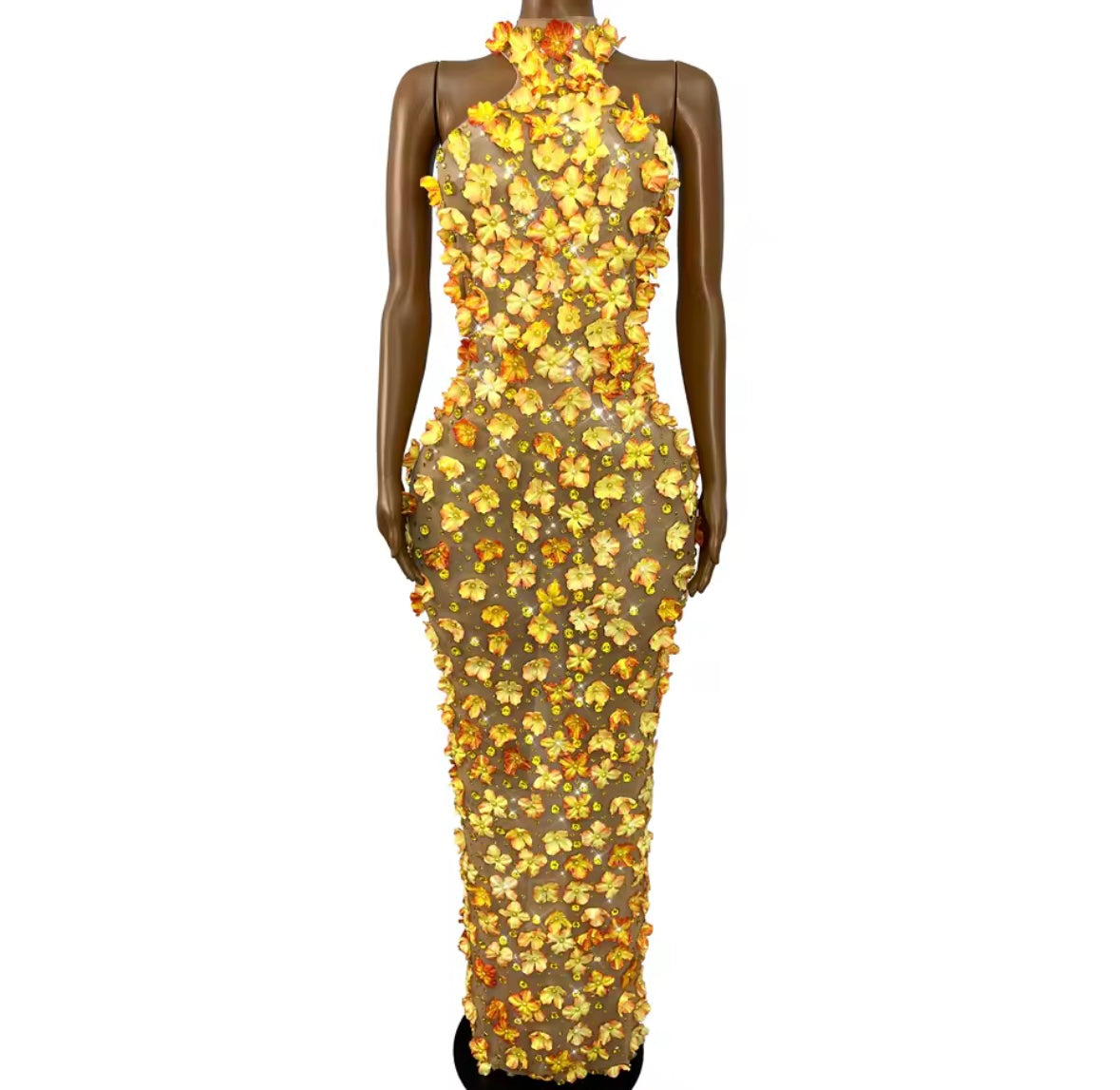 Sexy Sleeveless Floral Rhinestone Maxi Dress