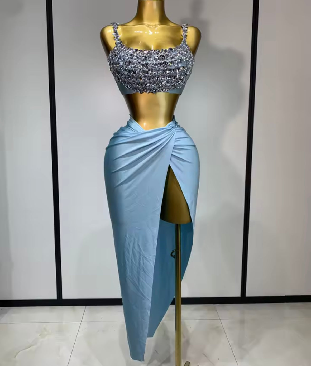 Sexy Rhinestone Sleeveless Maxi Skirt Set