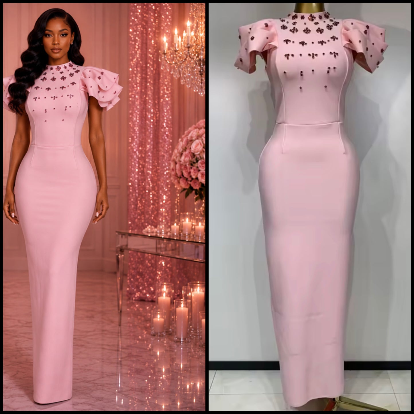 Elegant Floral Crystal Short Sleeve Floor-Length Dress