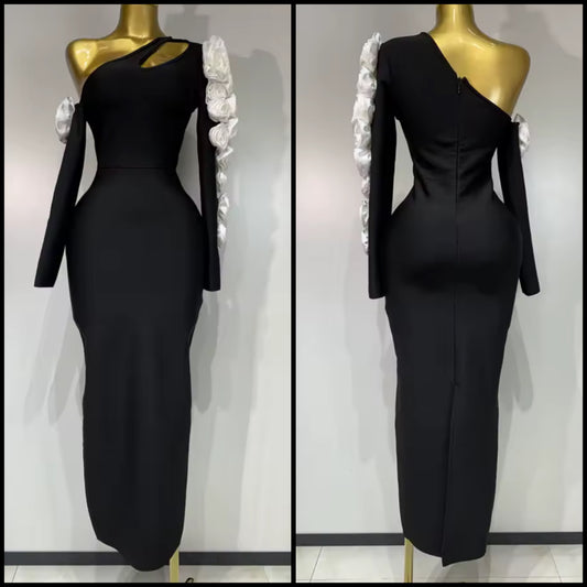 Elegant One Shoulder Black Floral Embellishment Maxi Dress
