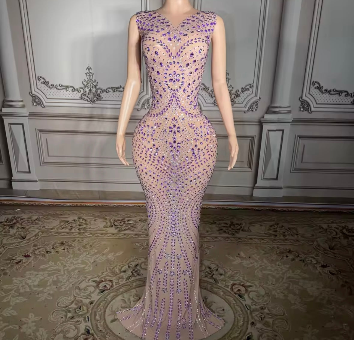 Sexy Sleeveless See Through Purple Rhinestone Maxi Dress