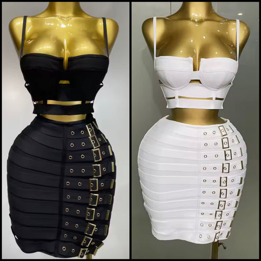 Sleeveless Cut Out Buckled Sexy Two Piece Bandage Skirt Set