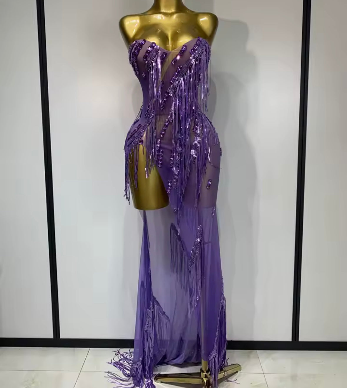 Purple Sexy Strapless Rhinestone Fringe Tassel Side Split Maxi Dress