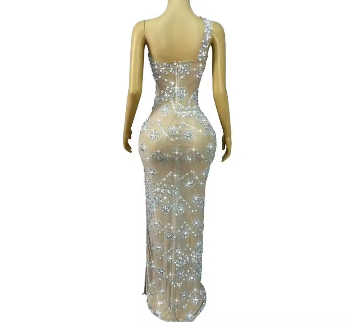 Sexy One Shoulder Sleeveless Rhinestone Side Split Maxi Dress