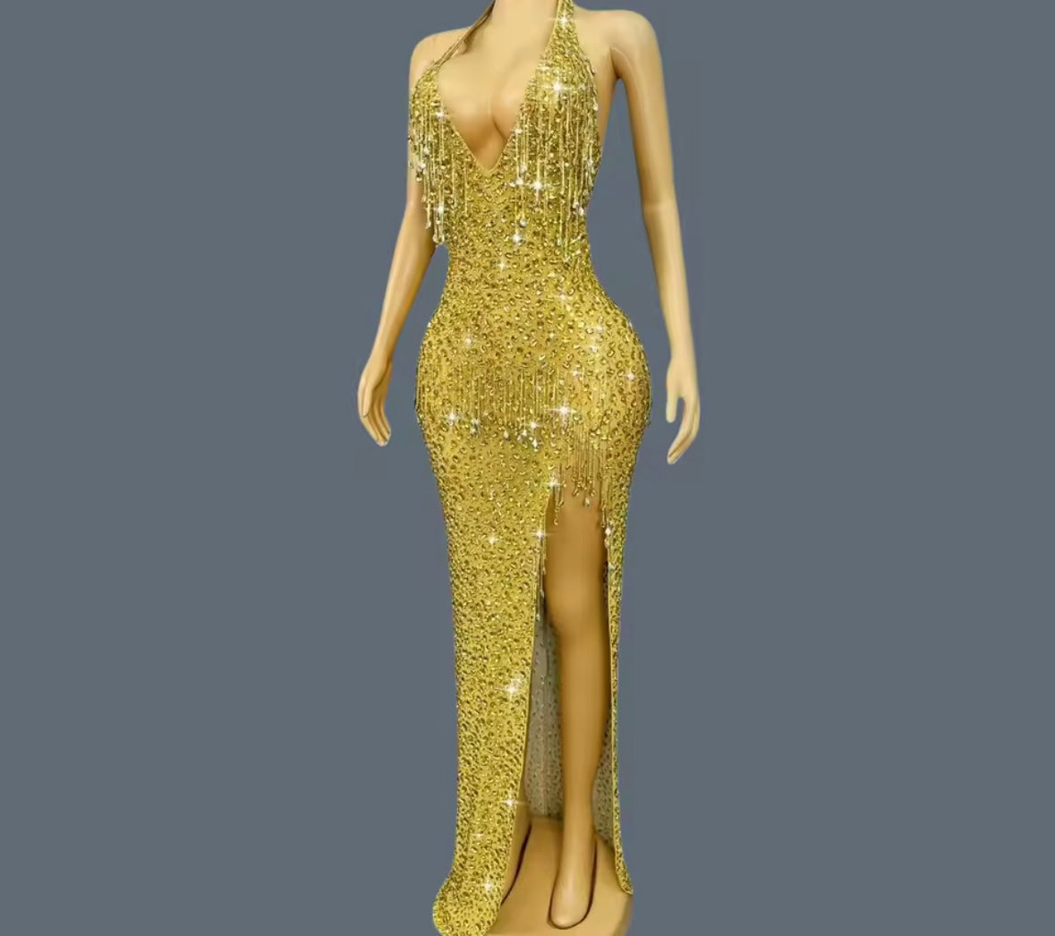 Sexy Sleeveless Rhinestone Tassel Side Split Maxi Dress