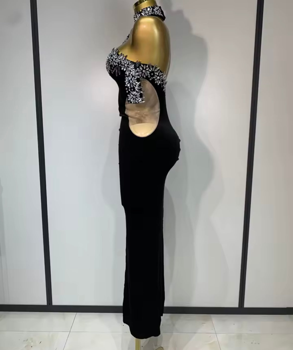 Elegant Black Floral Rhinestone Halter Maxi Dress